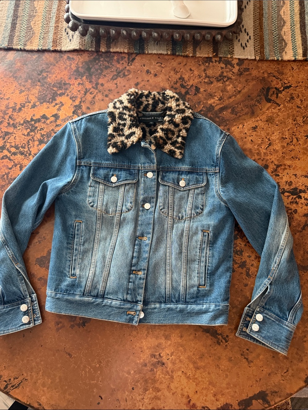 Veronica Beard Blue Denim Jacket with Leopard Faux-Fur Collar